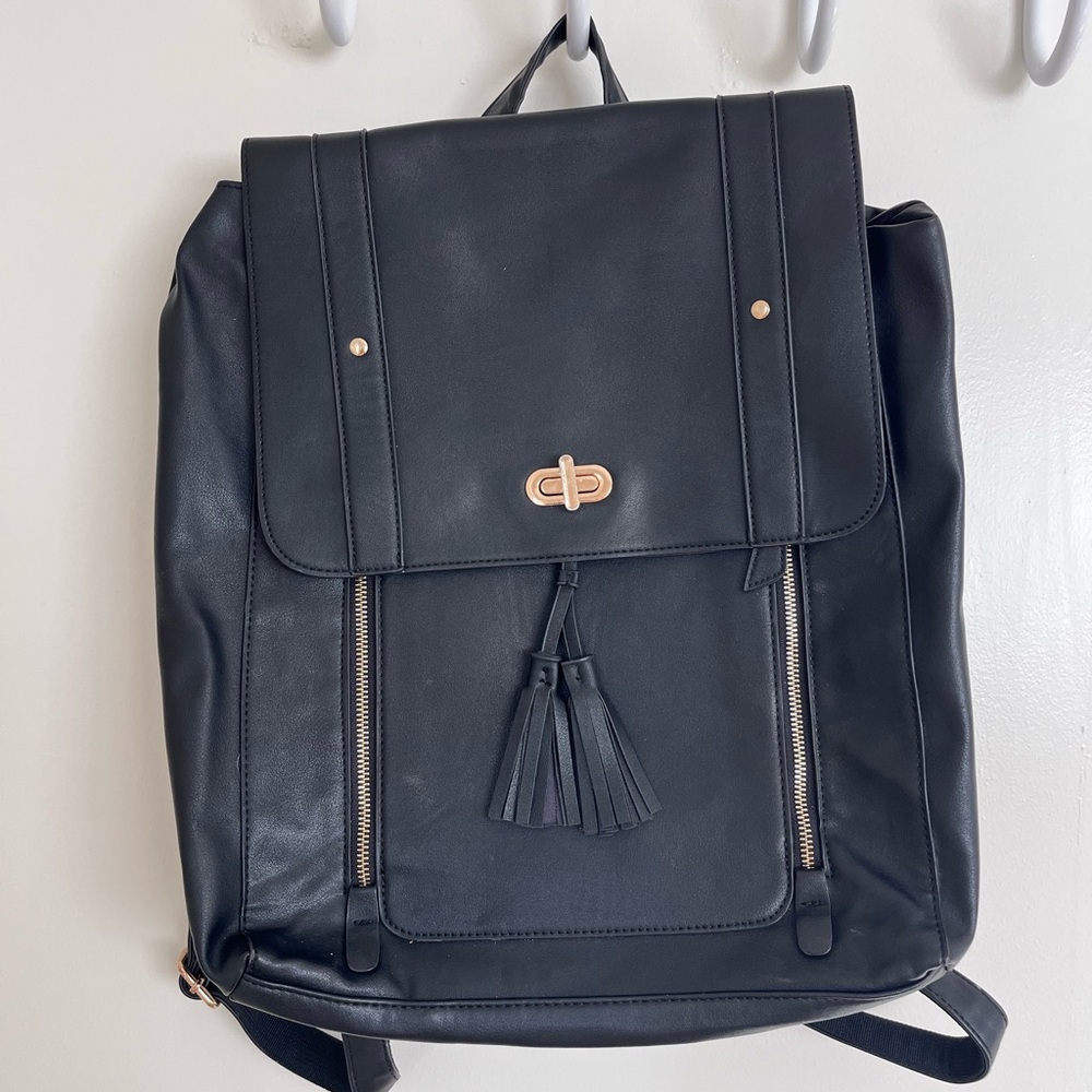 Black Leather Backpack with Tassel Accents